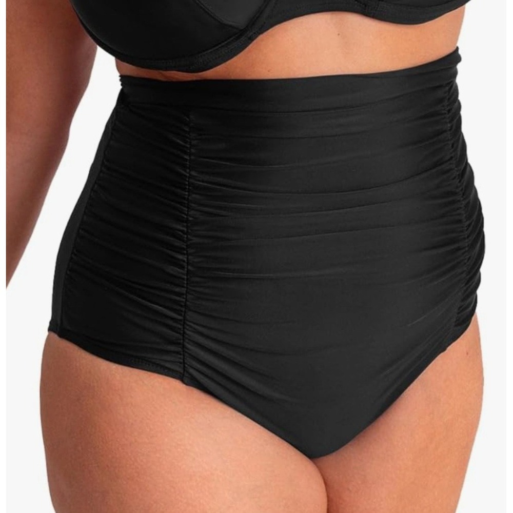 Shapermint Essentials High Waisted Control Bikini Bottom Black Ruched 2XL UPF 50